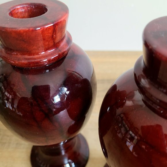 Set of 2 marble dark red burgundy color candleholders. Made in Italy. - Picture 6 of 9